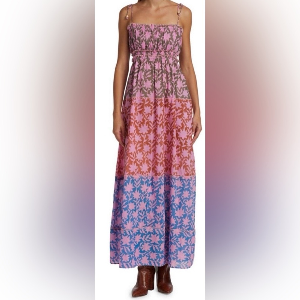 Hannah Artwear Maxi Dress Low Cut Cotton Color Block Pink Red Blue Floral size 2